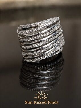 Multi-Row Pavé CZ Statement Ring - Size 5 - 18K White Gold Filled